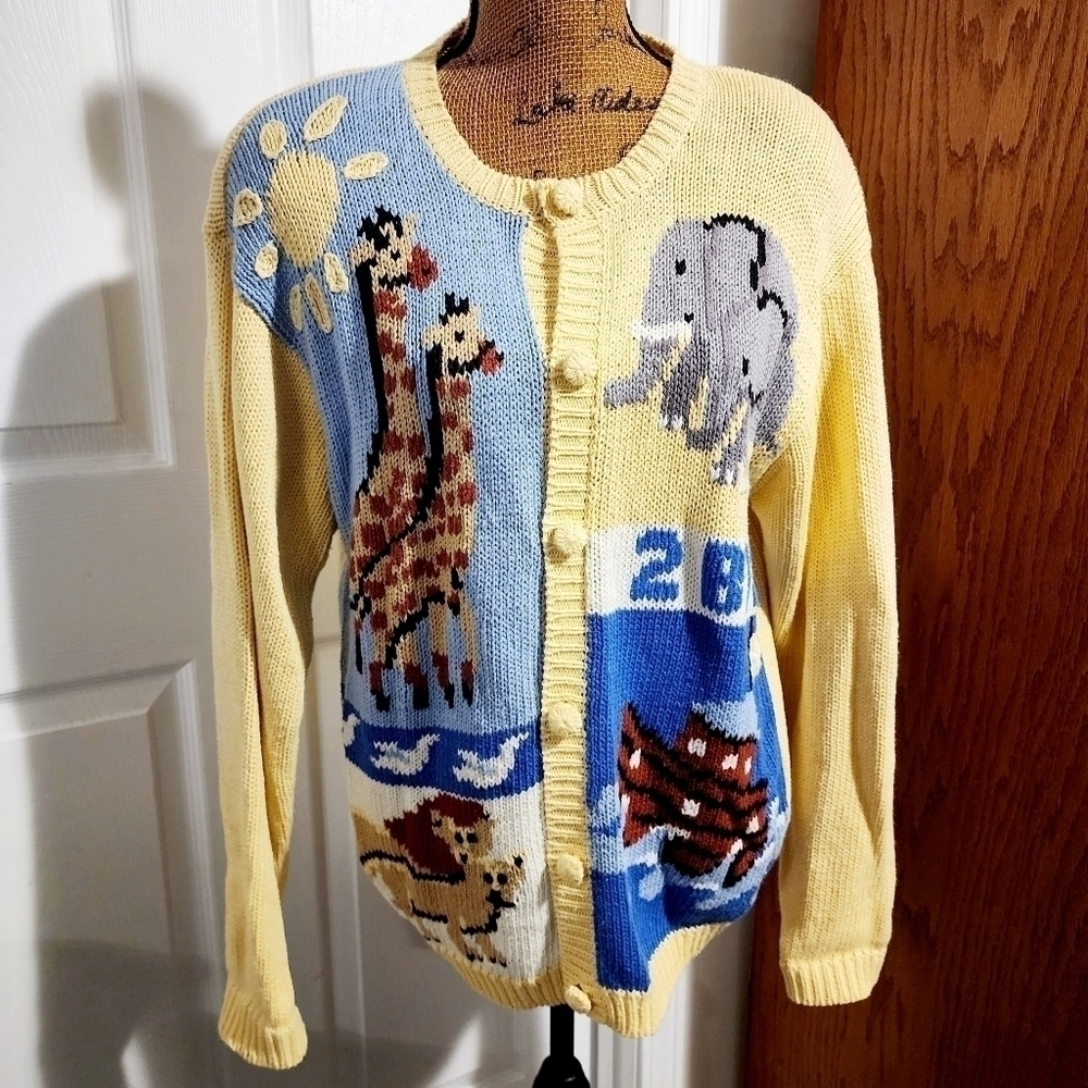 Vintage Alexandra Bartlett Noah's Ark 80s Knit Sweater Cardigan Yellow Women's L